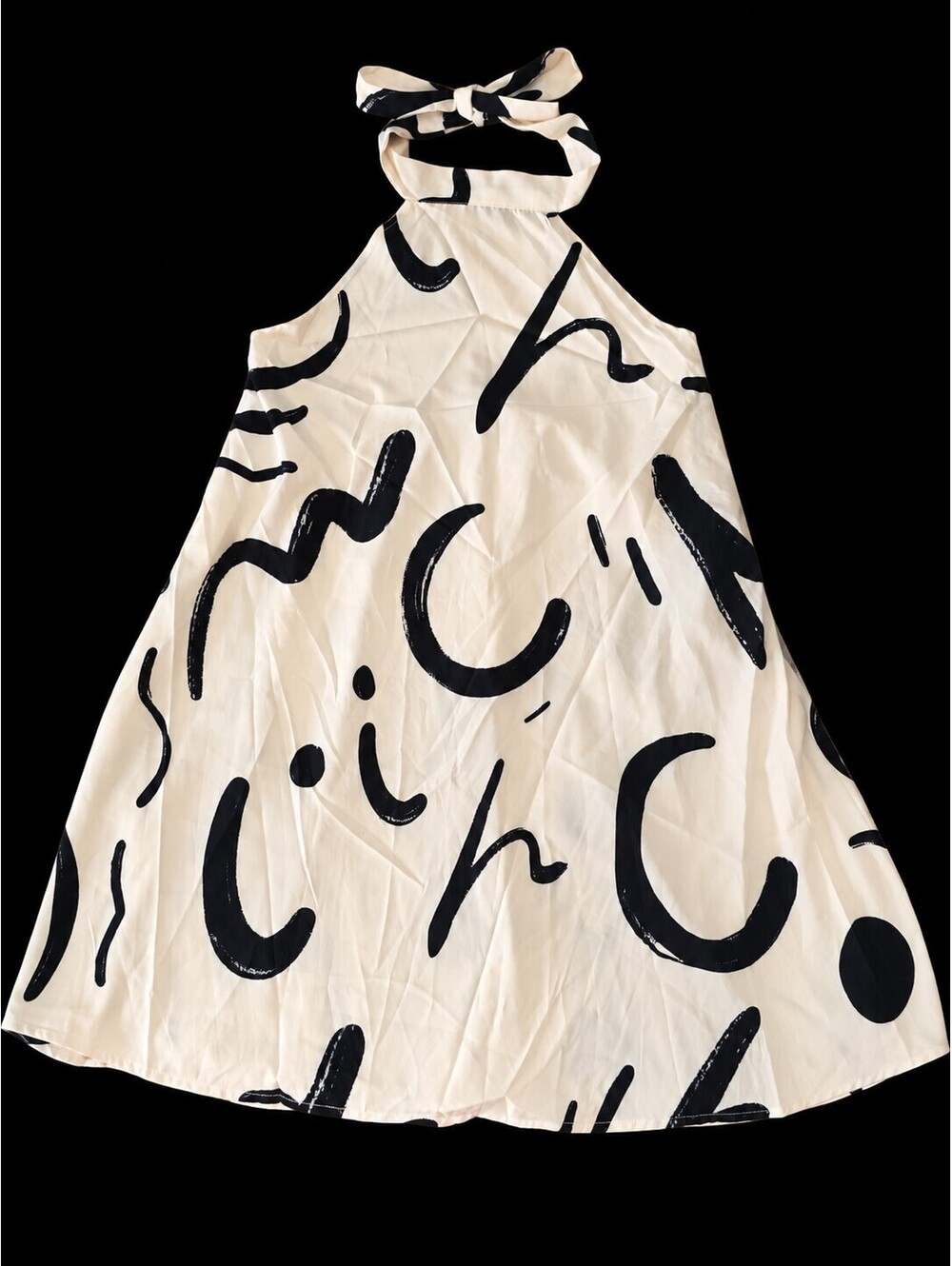 Women's Black and White Abstract Print Halter Neck Short Dress